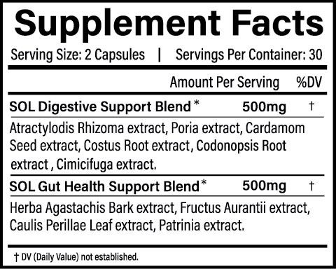 BELLY RESET - Gut Health Supplement - Supplement Facts - SOL Nutrition
