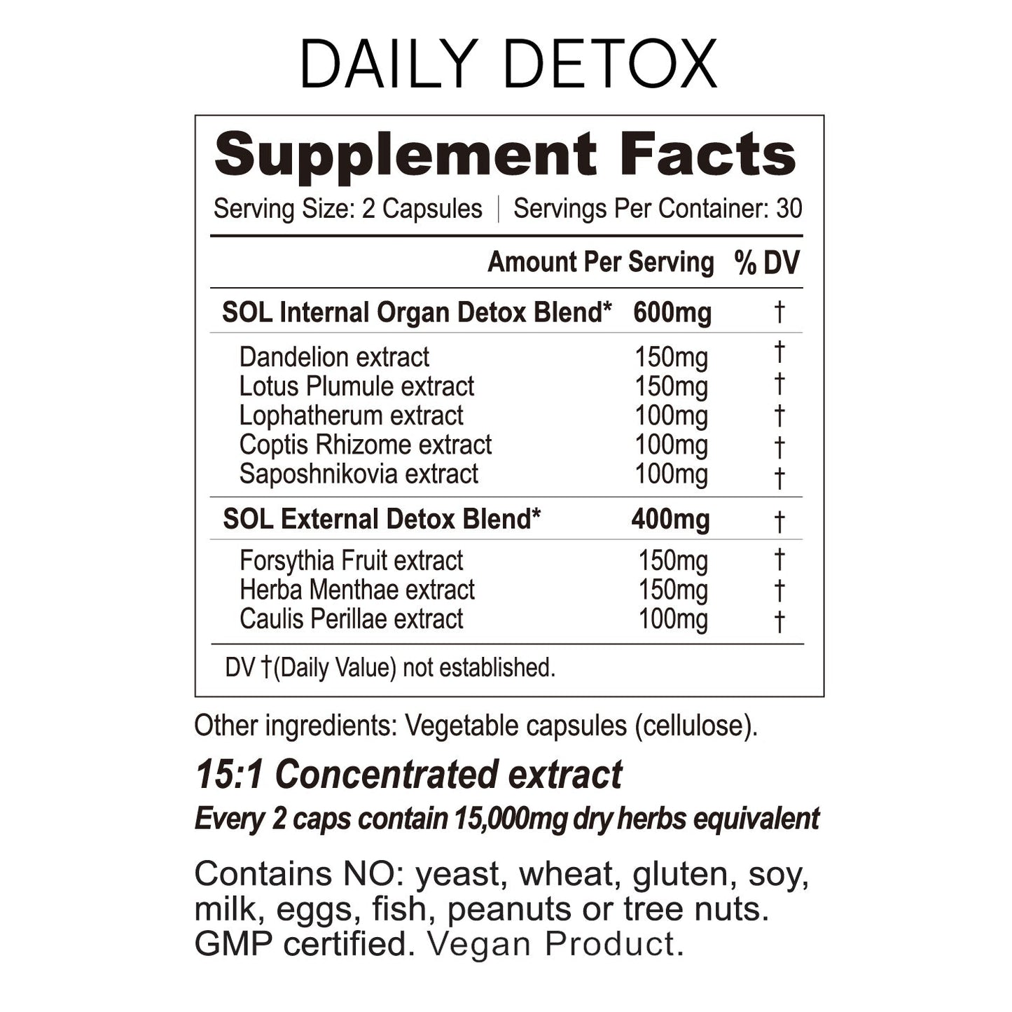 Daily Detox Supplements - Herbal Ingredients - SOL Nutrition