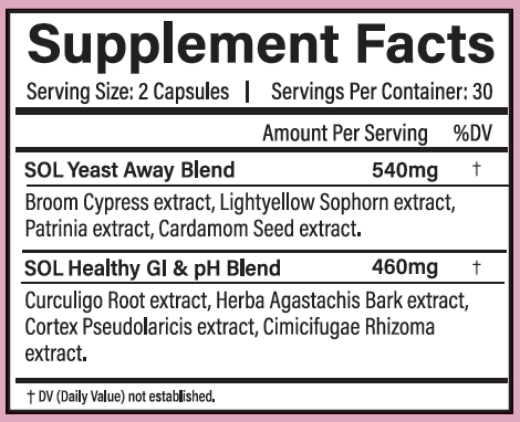 Yeast Away - pH Balance Supplement Ingredients - SOL Nutrition