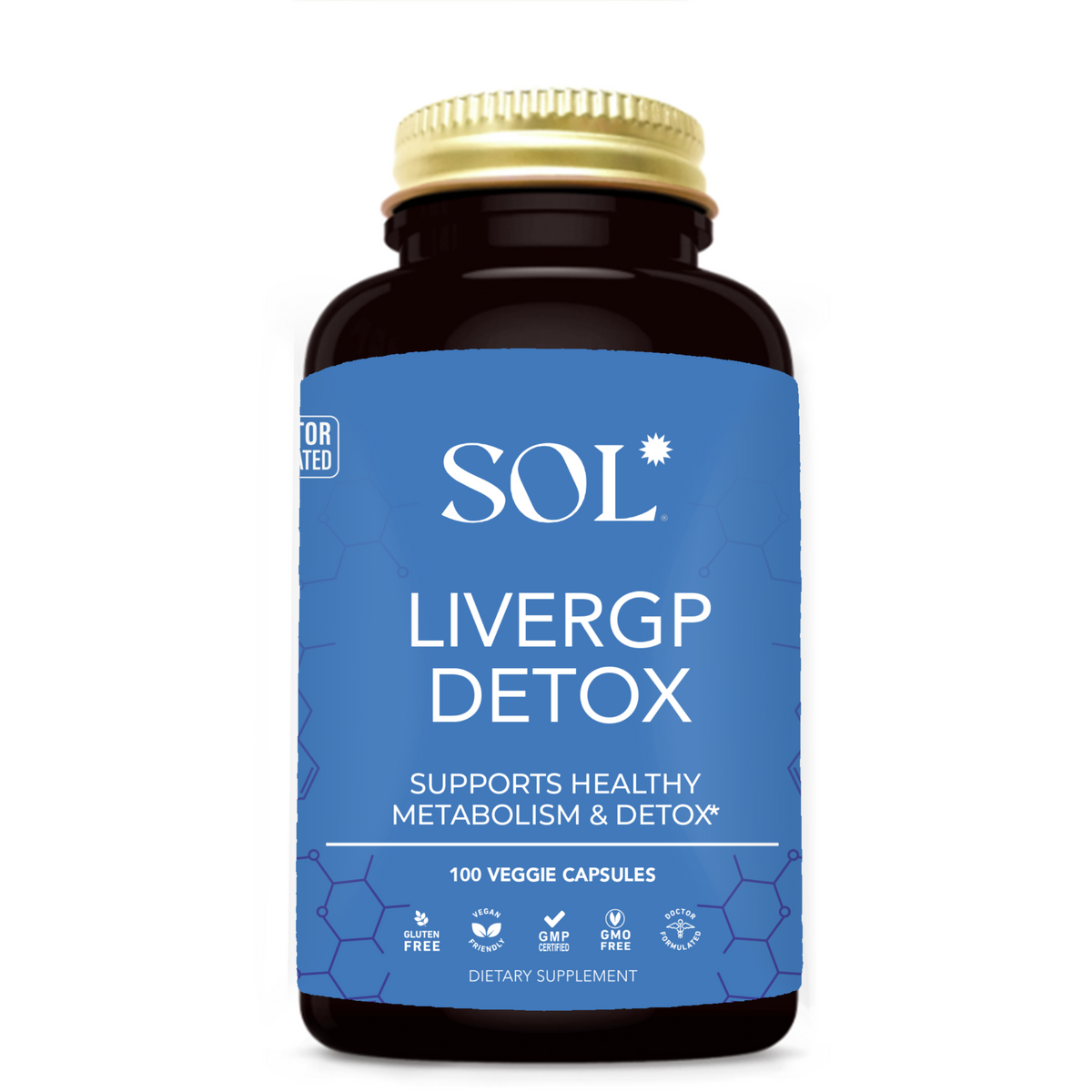 SOL LiverGP Detox supplement bottle with blue label on a white background