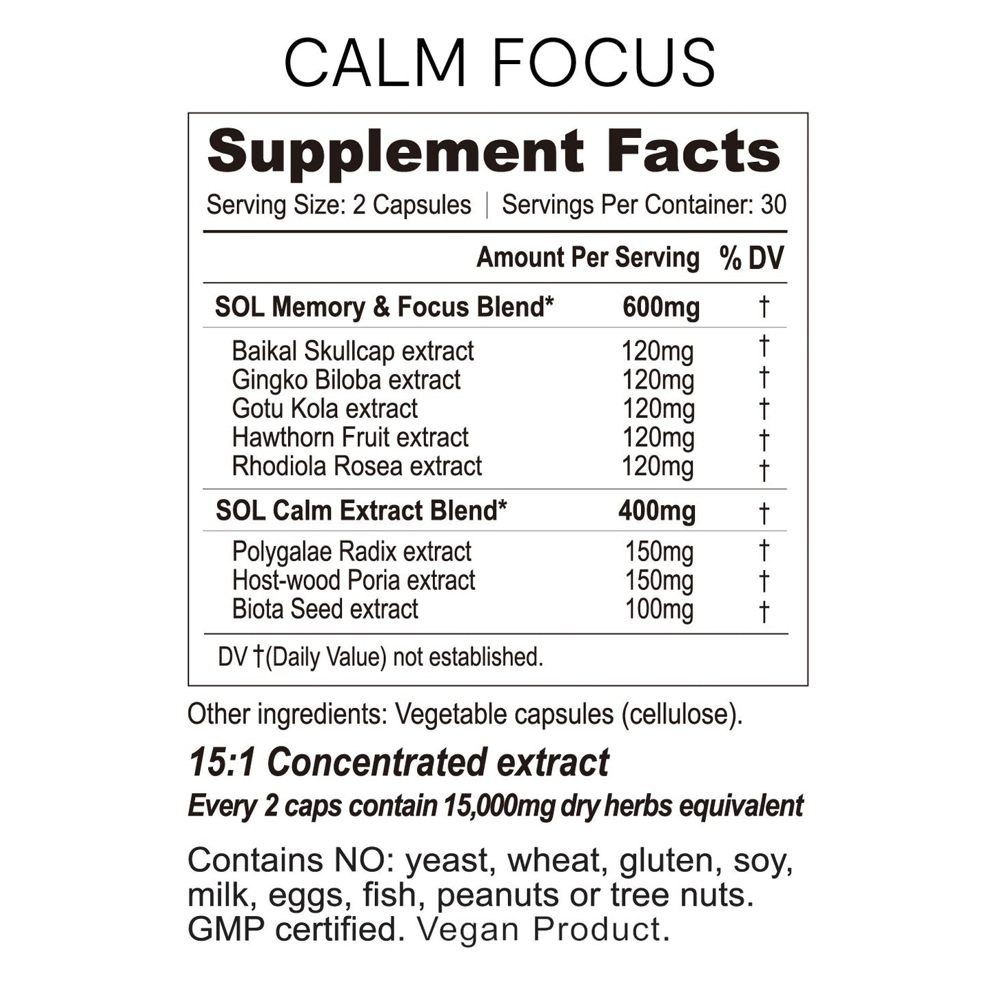 Calm Focus Supplement - Memory Supplement Facts - SOL Nutrition