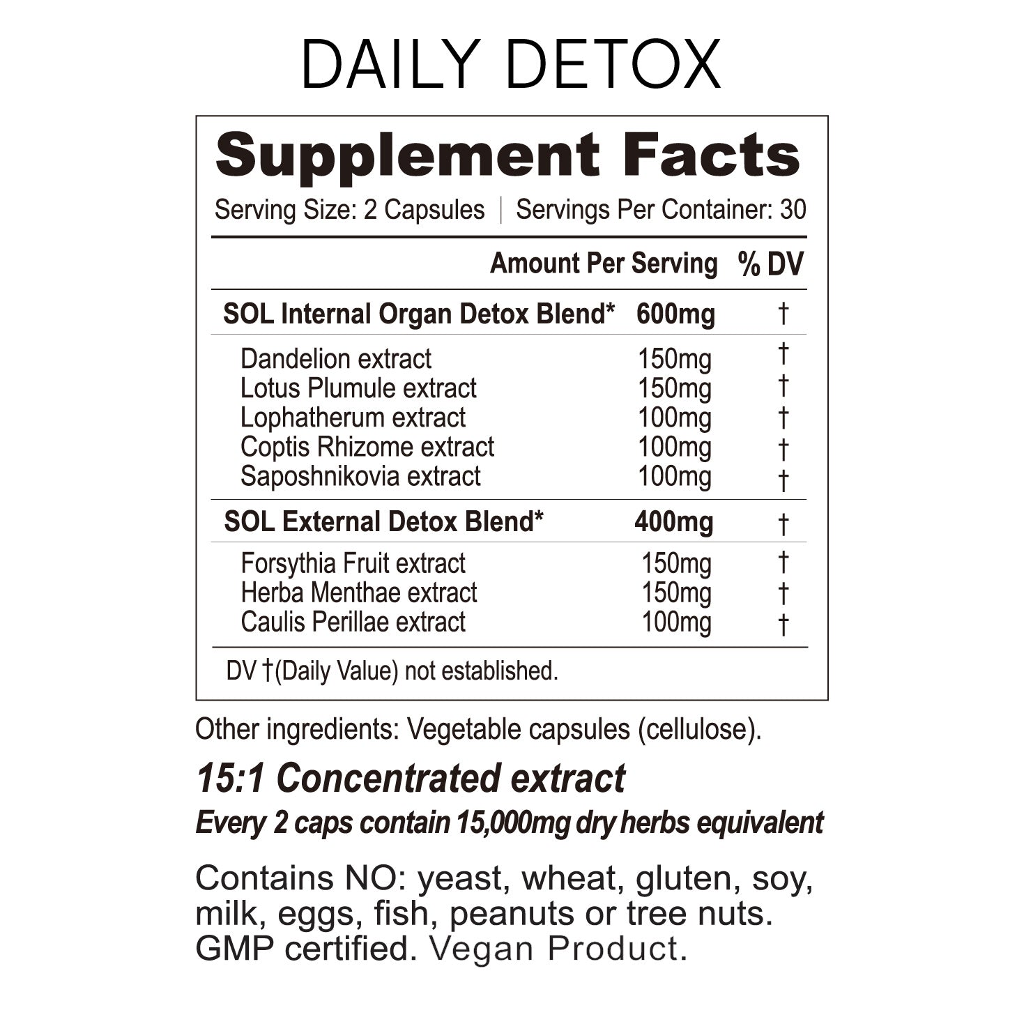 Daily Detox Supplements - Herbal Ingredients - SOL Nutrition