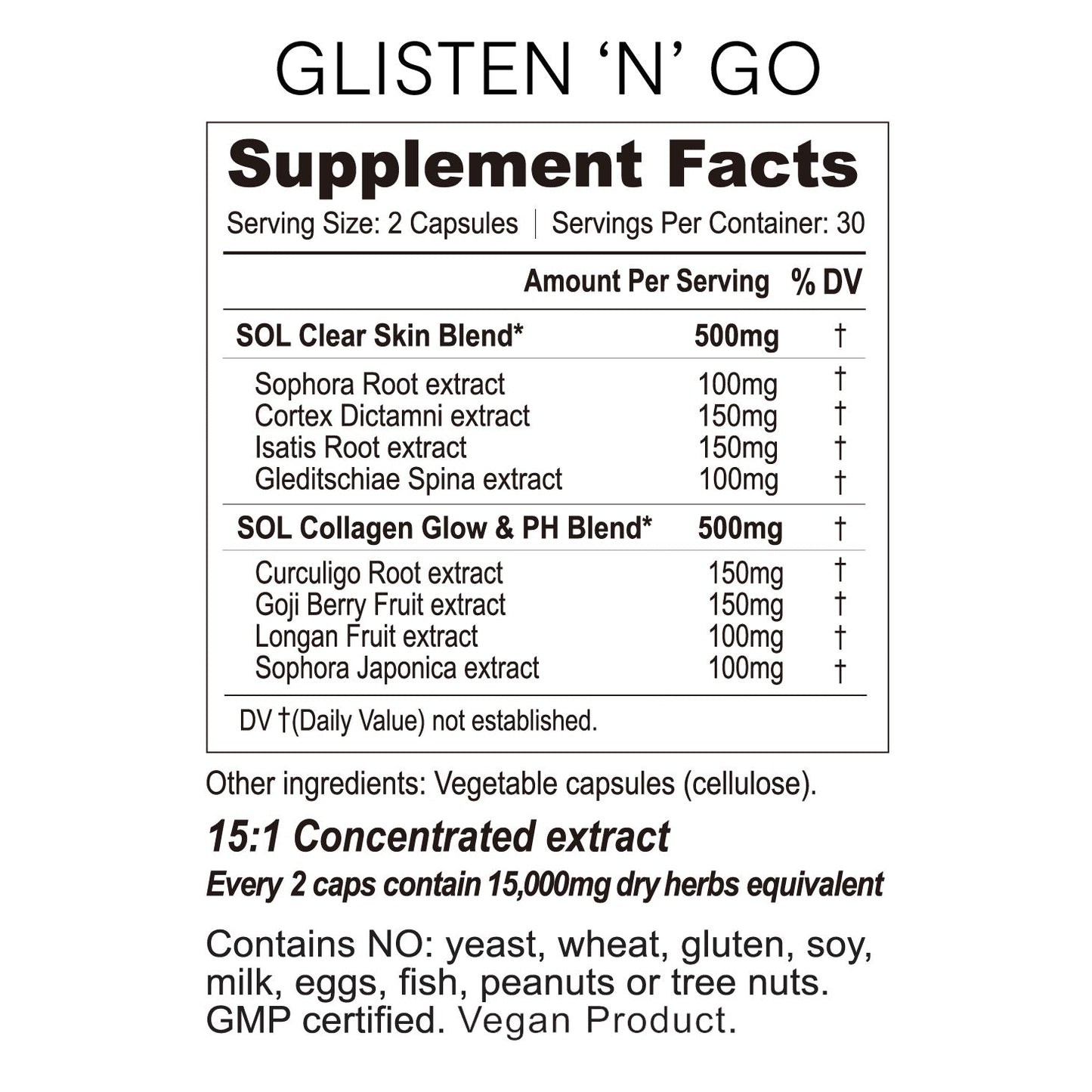 Glisten N Glow - Clear Skin Supplement - ingredients - SOL Nutrition