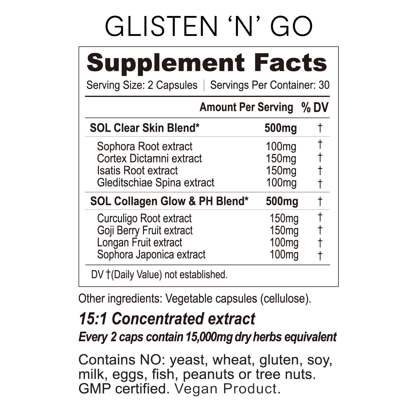 Glisten N Glow - Clear Skin Supplement - ingredients - SOL Nutrition