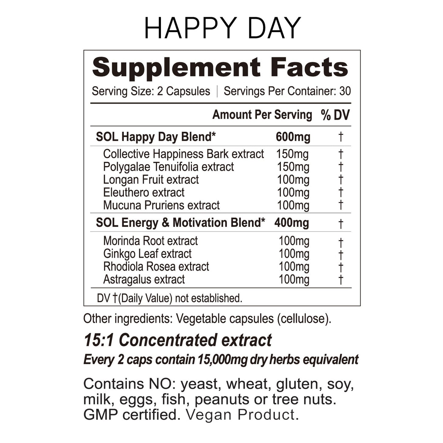 Happy Day - Herbal Happiness Supplement - Ingredients - SOL Nutrition