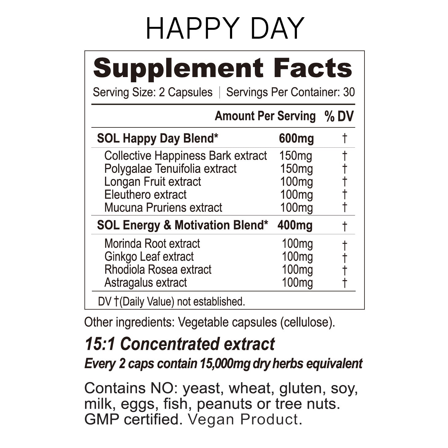 Happy Day - Herbal Happiness Supplement - Ingredients - SOL Nutrition