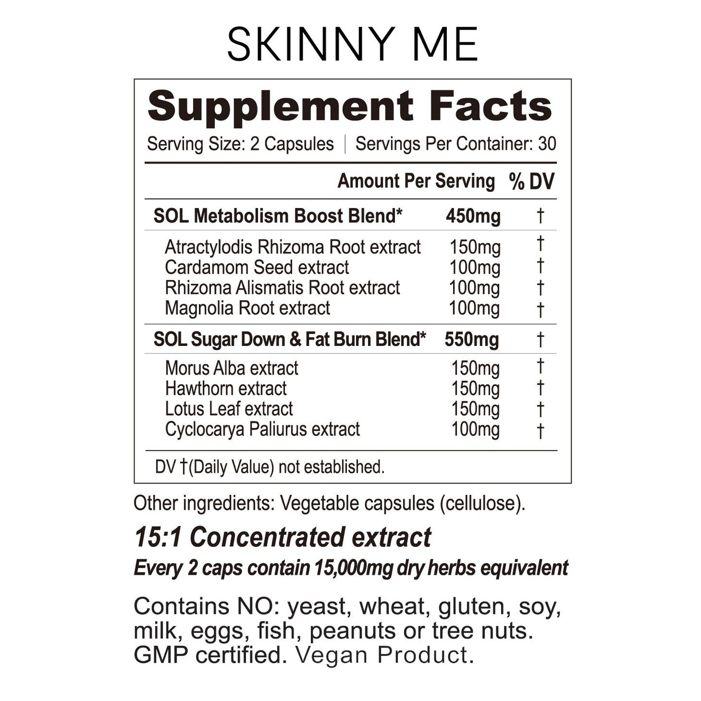 Skinny Me - Natural Weight Loss Supplement Facts - SOL Nutrition